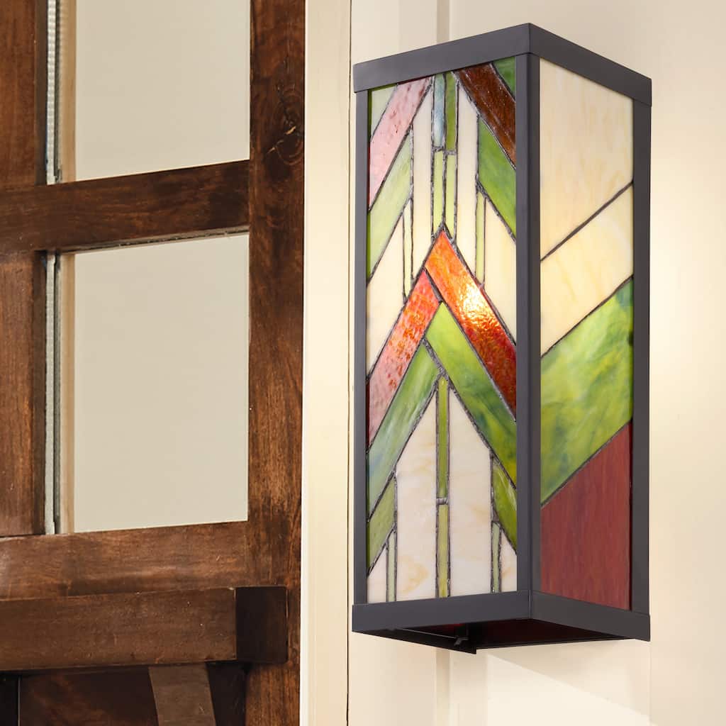 River of Goods Green Stained Glass and Black Satin Rectangular 1-Light Outdoor Wall Sconce - 6.25" x 5.5" x 16.25"