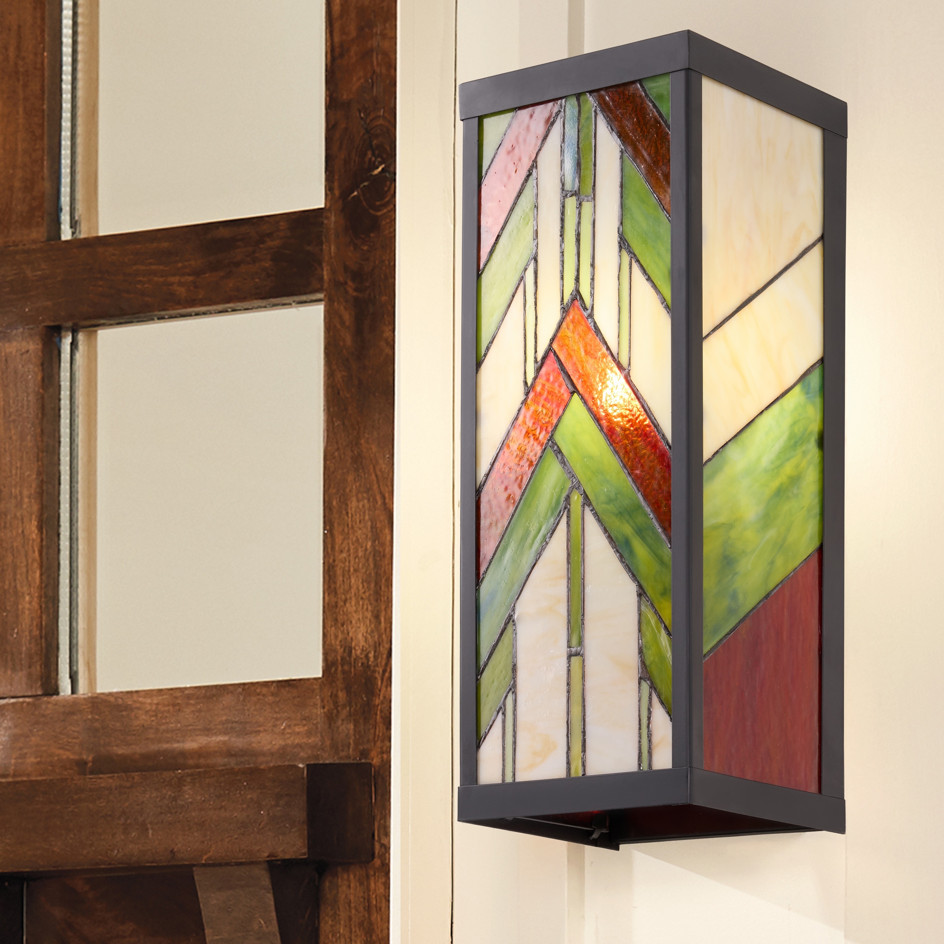 River of Goods Green Tiffany-Style Stained Glass and Black Satin Rectangular 1-Light Outdoor Wall Sconce - 6.25" x 5.5" x 16.25"