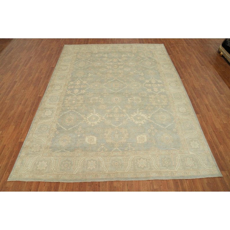 Vegetable Dye Wool Oushak Turkish Area Rug, Floral Geometric Carpet - 12' 1'' X 9' 0''