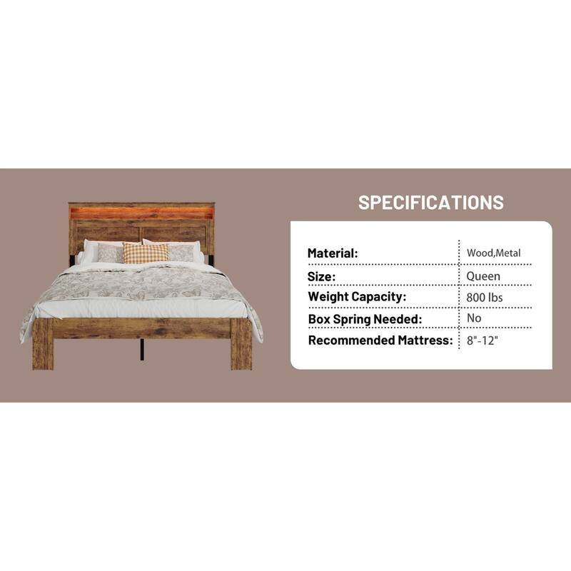 Roomfitters Queen Wood Platform Bed Frame with Illuminated Headboard, Charging Station, No Box Spring Needed, Dark Brown