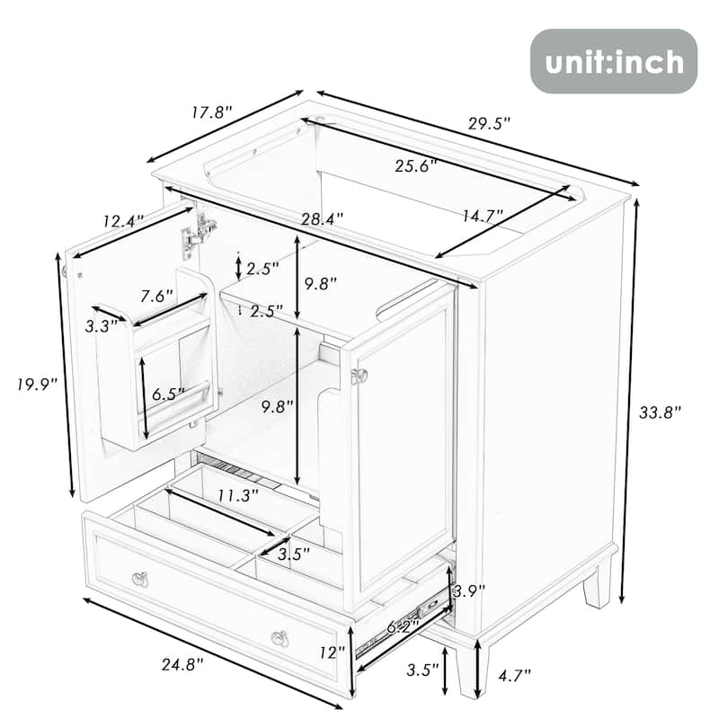 (Base Only) 30" Multi-functional Bathroom Vanity without Sink, with Doors and Drawer