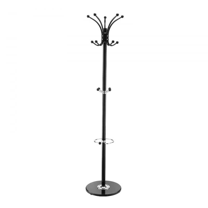 Black 14 Hooks Freestanding Coat Rack with Thick Carbon Steel Rod and Stable Marble Base - 14.57” x 14.57” x 69.29”
