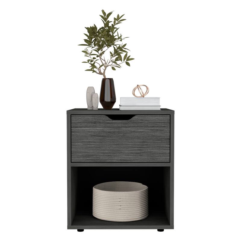 Compact Light Gray Nightstand with Drawer and Open Shelf