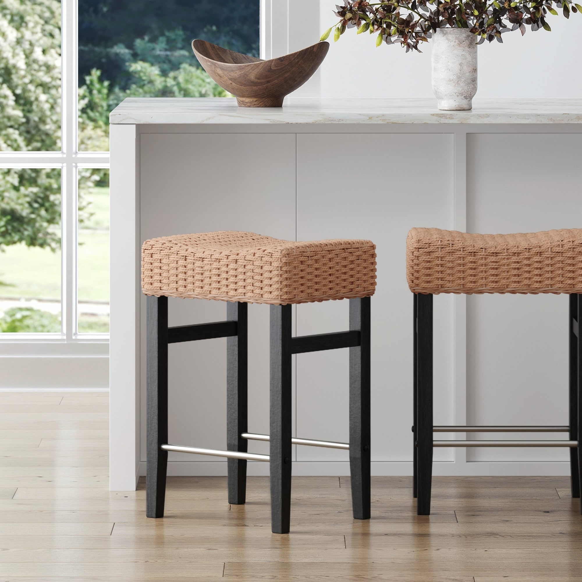 Harvey Rattan Bar Stool, Bohemian Counter Height Stool with Woven Seagrass Seat, Solid Wood Legs, and Metal Footrest