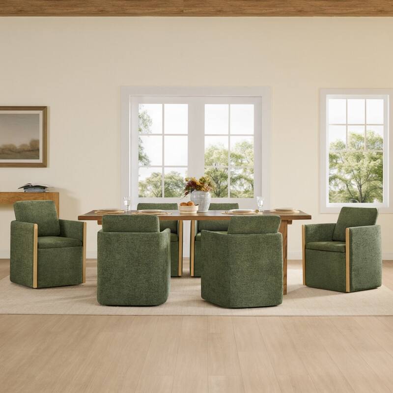 Spruce & Spring Modern Chenille Dining Chair with Casters, Wood Inlay & Hidden Storage