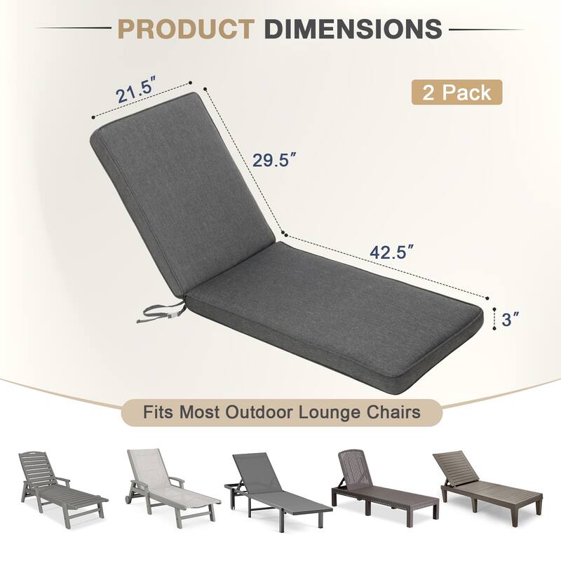 Aoodor Patio Chaise Lounger Cushions Set of 2, Olefin Fabric, Water-Resistant, 72x21x3 Inches(Only Cushions)
