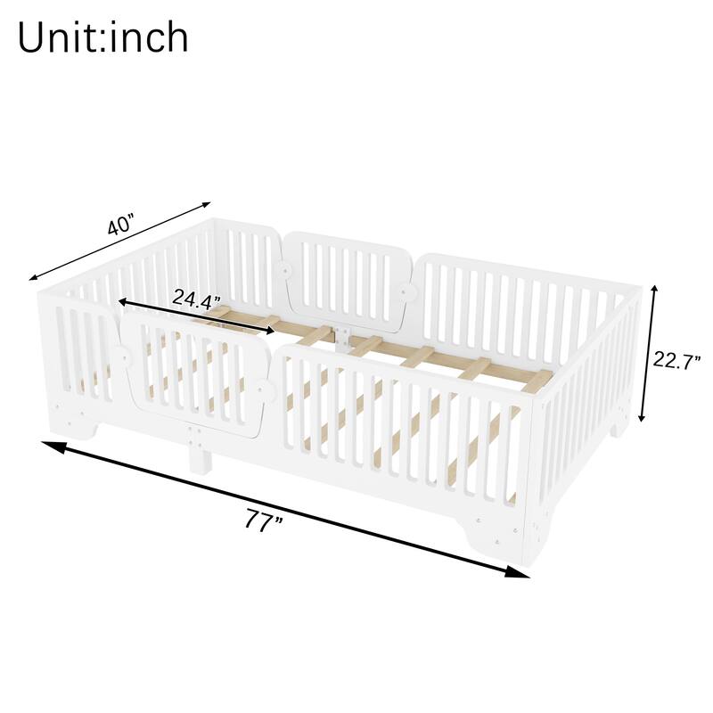 Montessori Floor Bed with Detachable Door, No Box Spring Needed, Kids Platform Bed with Slats and Fence