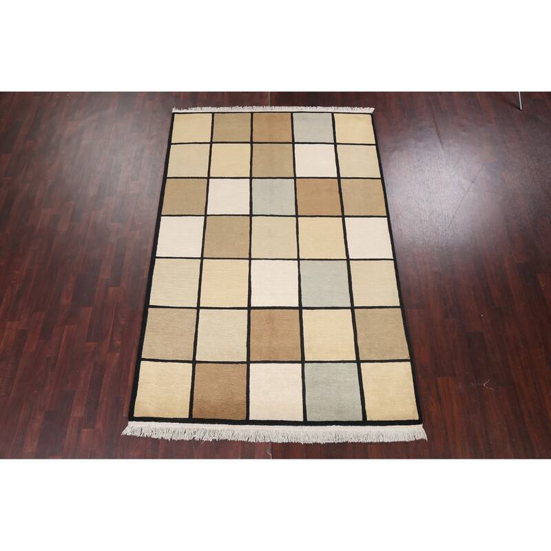 Checkered Nepalese Vegetable Dye Oriental Wool Area Rug Hand-knotted - 6'1" x 9'3"
