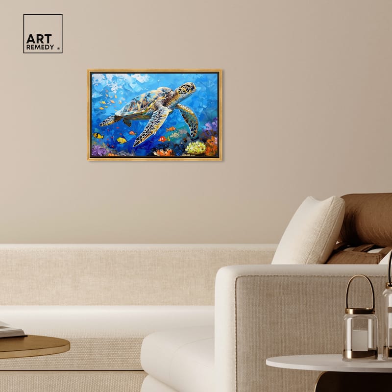 Art Remedy Turtle Swimming Framed Colorful Coastal 1 Piece Canvas Wall Art