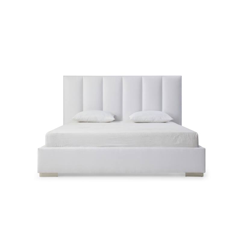 Queen Velvet Bed - Antique Ambiance, White Linen Blend Fabric, Stainless Steel Legs, Modern Design