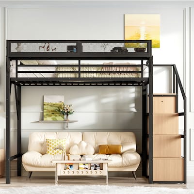Full-Size Loft Bed with Storage Stairs – Built-In Wardrobe, Shelves & LED Lighting, Includes USB Ports & Noise-Reduced Design