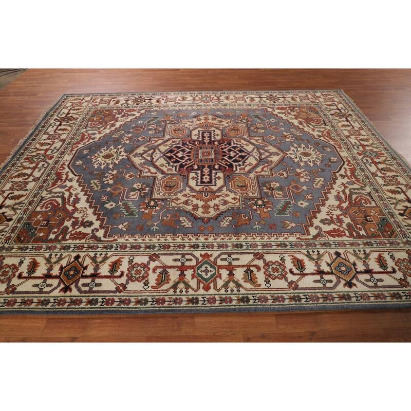 Geometric Heriz Serapi Oriental Area Rug Hand-Knotted Wool Carpet - 7'11" X 9'10"