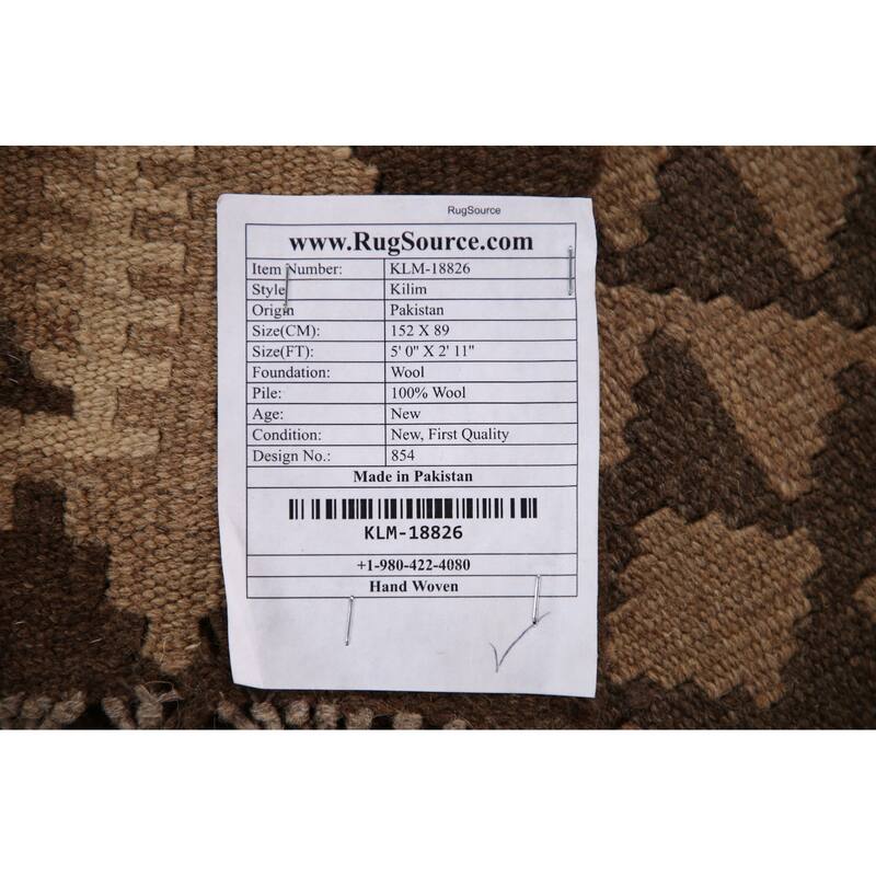 Brown Kilim Area Rug Flat-weave Wool Foyer Carpet - 2'11" x 5'0"