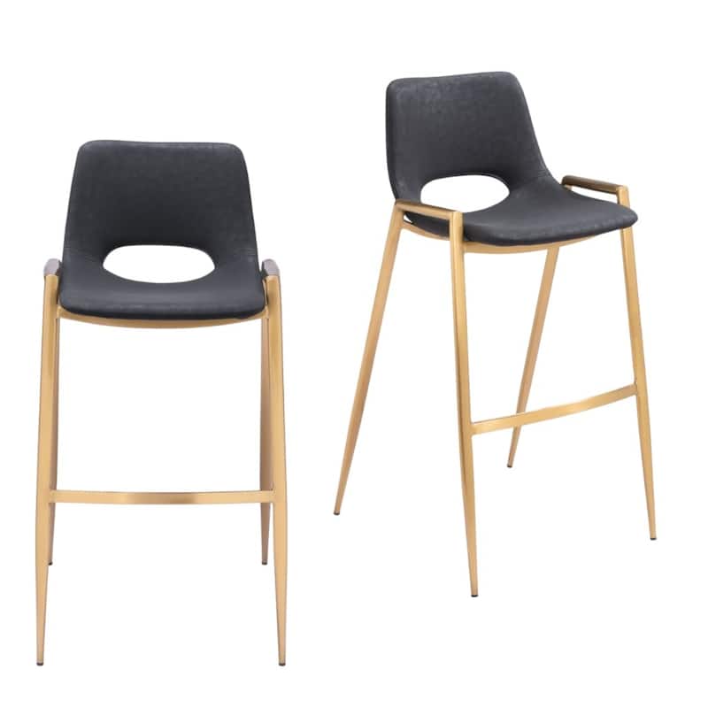 HomeRoots Set of Two 30" Black and Gold Faux Leather and Steel Low Back Bar Height Bar Chairs