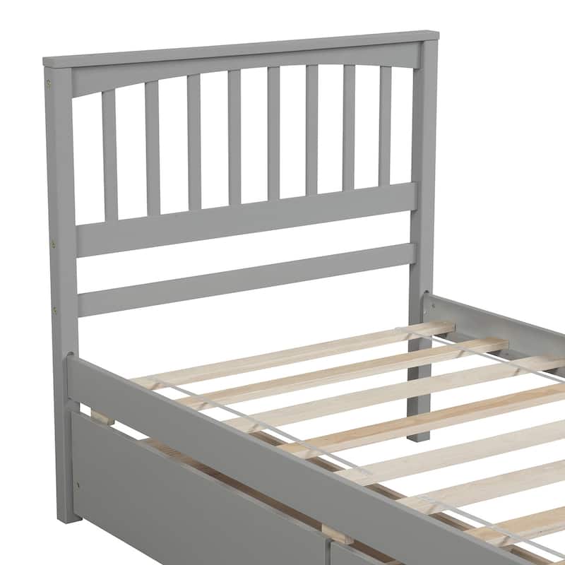 Elegant Twin Size Platform Bed with Drawers, Solid Pine Wood Storage Bed with Fence-shaped Headboard and Footboard