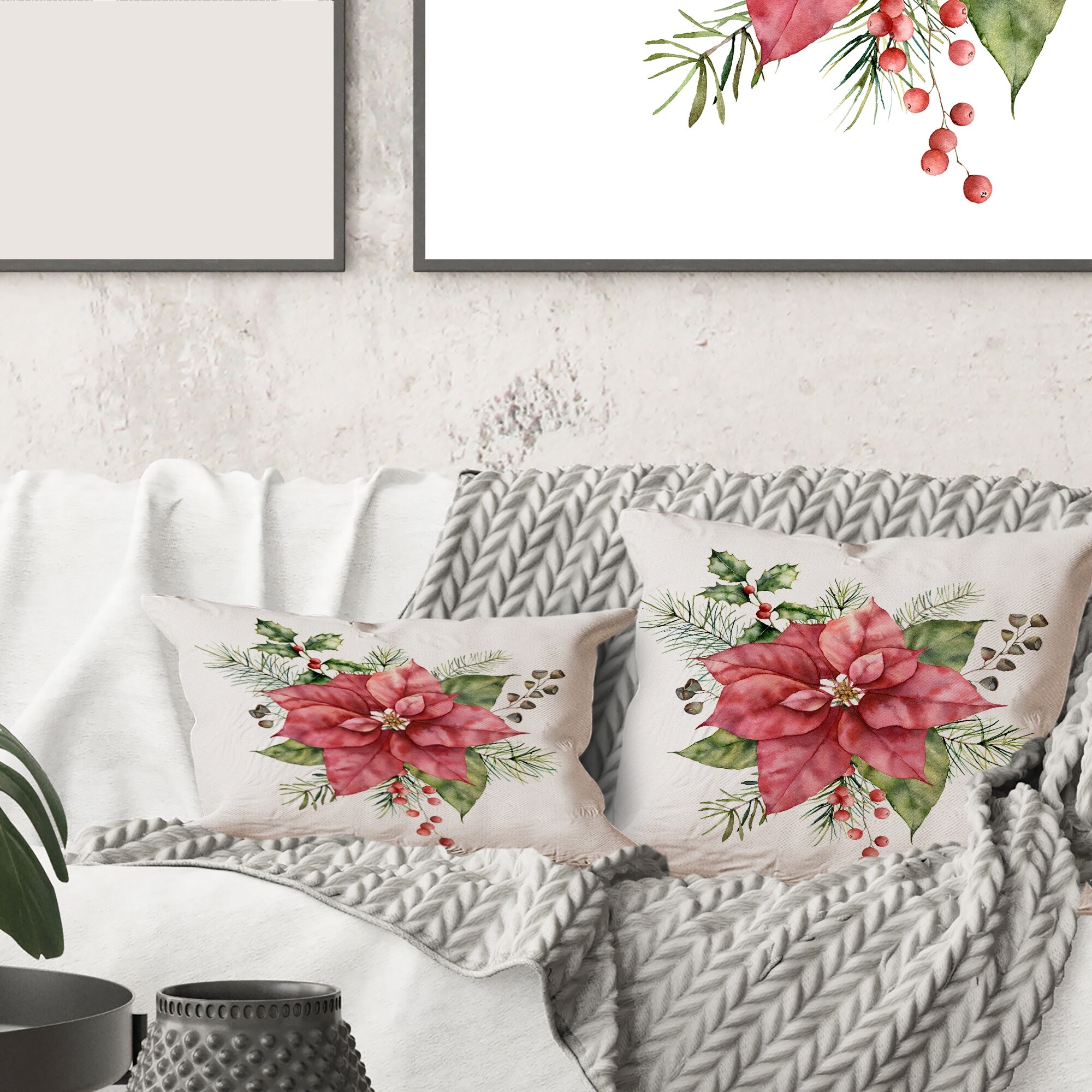 Designart Holly Mistletoe Berries Christmas Fir Branch II Traditional Printed Throw Pillow