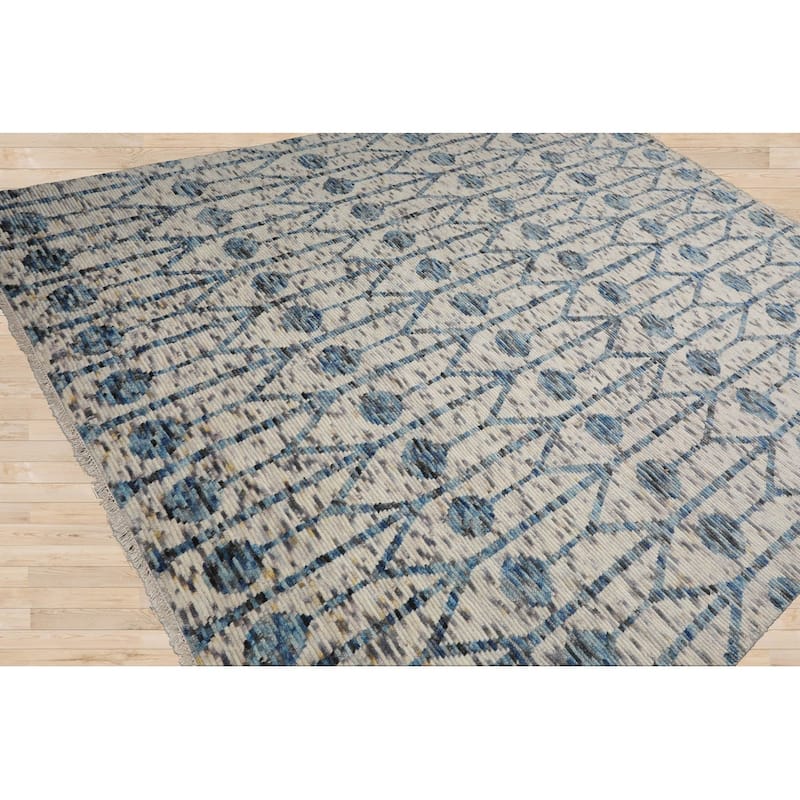 Hand Knotted Off White, Gray Oushak Wool Modern Oriental Area Rug - 8' 3'' x 10' 3''