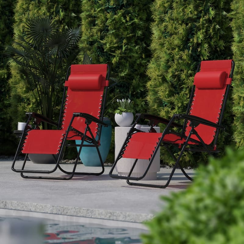 2 Pack Adjustable Mesh Zero Gravity Lounge Chair with Cup Holder Tray - Red