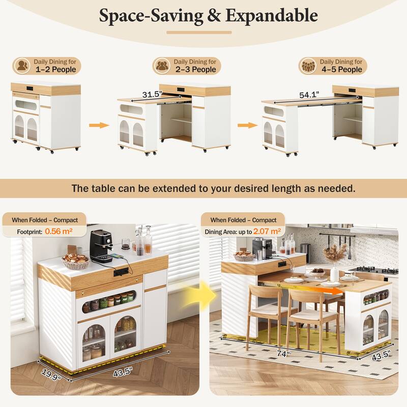 Extendable Dining Table & Rolling Kitchen Island Combo with Folding Top, Drawers & Power Outlet