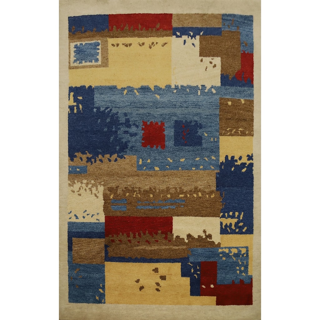 Hand Knotted Oriental 100% Wool Carpet Modern Geometric Multi-Colored Gabbeh Area Rug - 7' 8'' X 5' 3''
