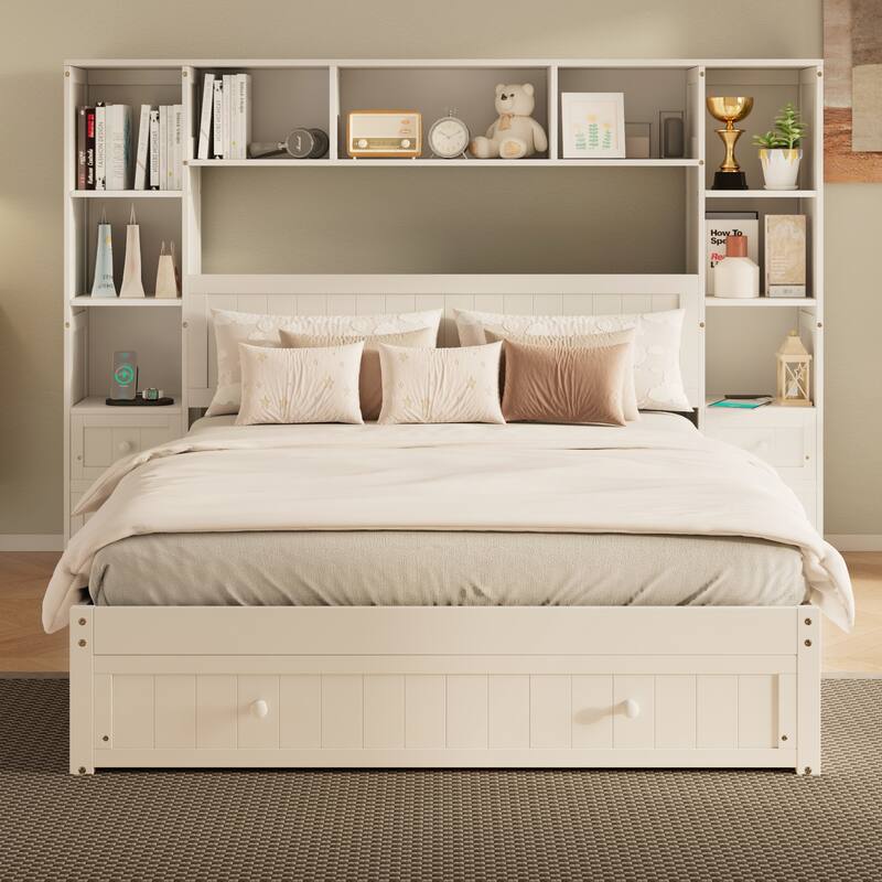 Pine Wood Platform Bed with All-In-One 2 Nightstand and 2 Charging Stations - Queen