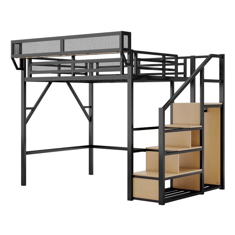 Metal Loft Bed with Wooden Stairs Built-in Storage Shelves and Wardrobe, High Loft Bed Frame with Side Grid Storage Rack
