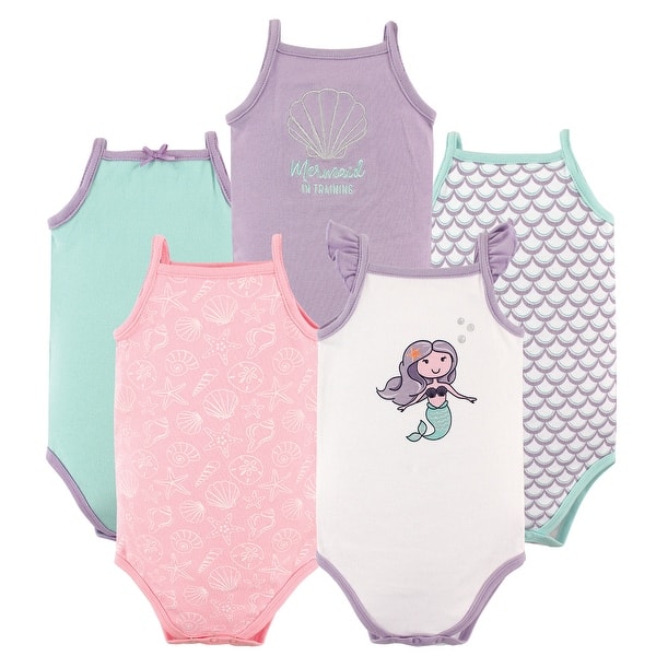 slide 1 of 1, Hudson Baby Infant Girl Cotton Sleeveless Bodysuits 5pk, Mermaid 12-18 Months - Mermaid