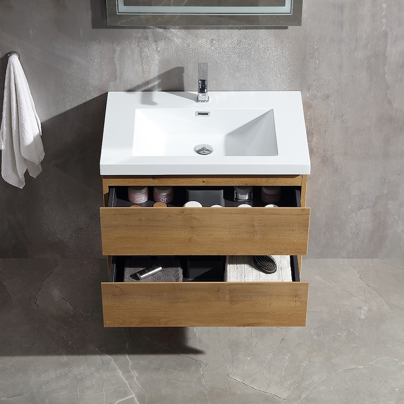 Floating Bathroom Vanity 24"-48" – Smoked Oak Finish, White Integrated Sink