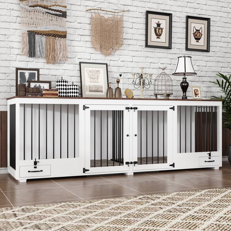 Dog Crate Furniture with Feeding Drawer and Divider, 86.6" Extra Large Indoor Dog Kennel for 2 Dogs,Pet Crate Sideboard