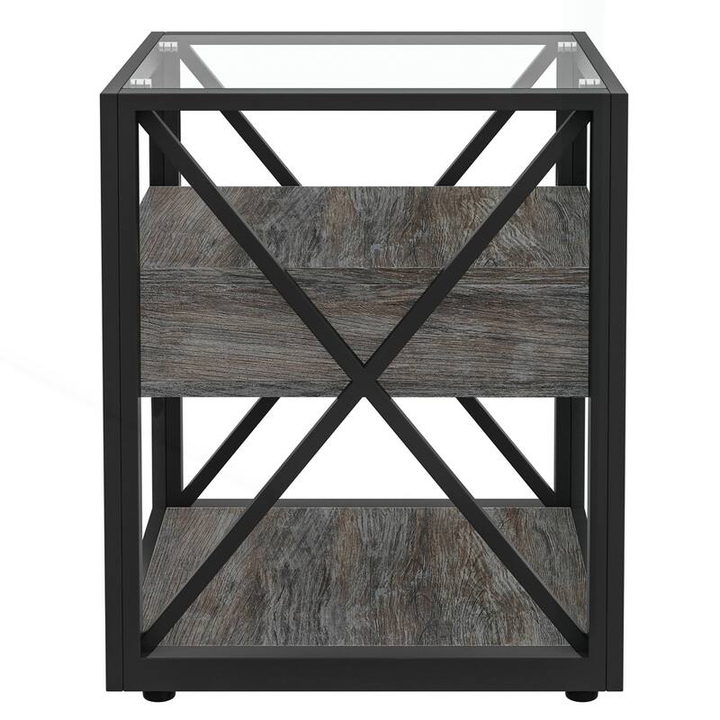 Stylish Industrial Side Table with Drawer and Tempered Glass Top for Versatile Use