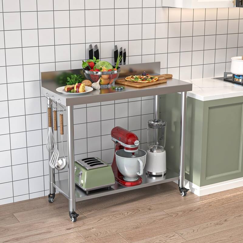 AECOJOY Stainless Steel Table with Wheels, Backsplash and Knife Blocks Prep Tables for Kitchen Steel Countertop Workbench