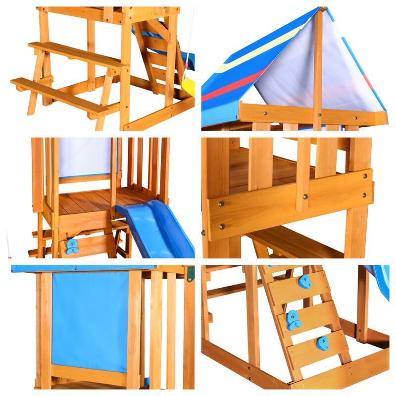 Outdoor 3 in 1 Wood Swing Set with Slide, 2 Swings and Climber