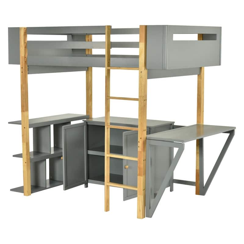 Wood Loft Bed With Built-in Storage Cabinet,Cubes and Foldable desk