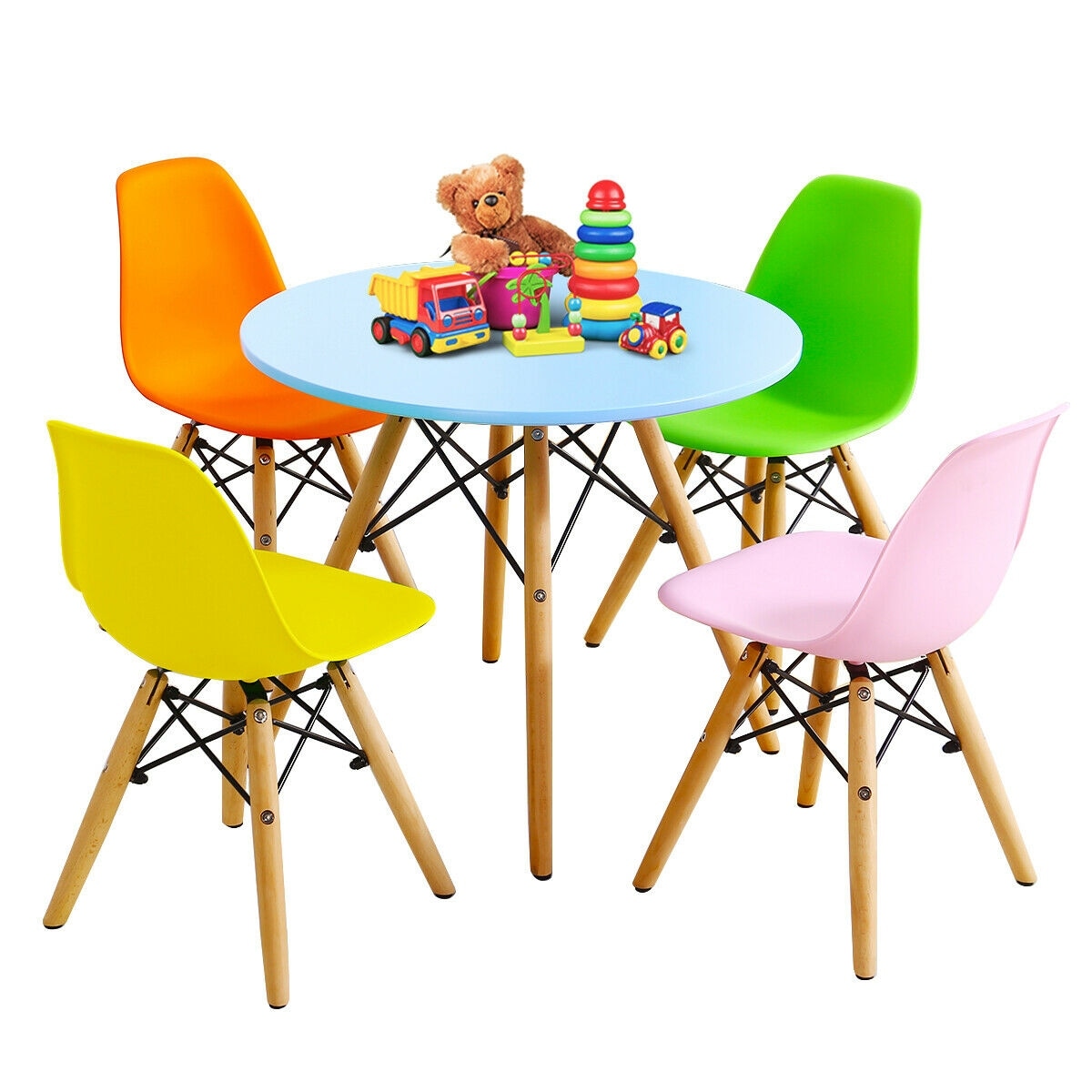 Gymax 5 PC Kids Colorful Round Table Chair Set w/ 4 Armless Chairs - See Details