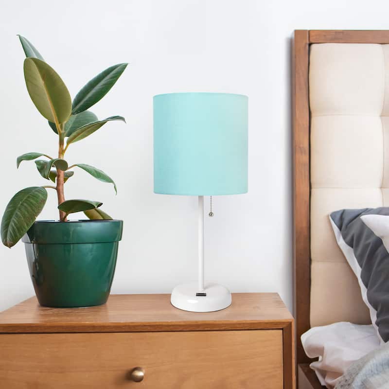 19.5" USB Port Feature Metal Lamp in White w Aqua Shade