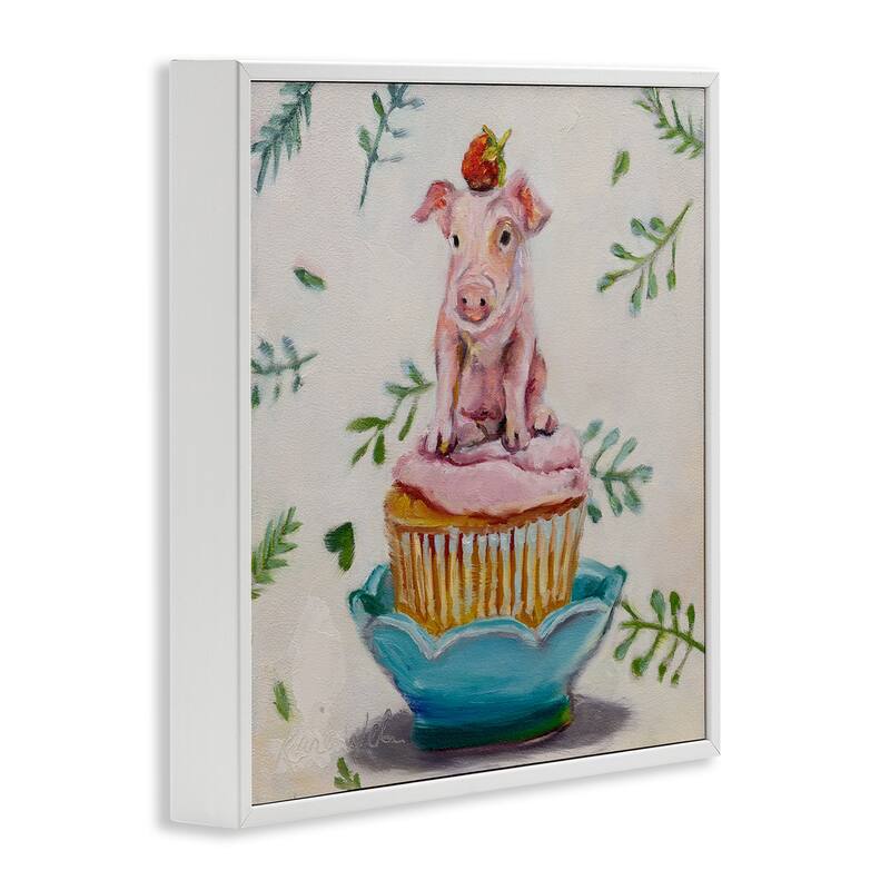 Stupell Charming Teacup Pig on Strawberry Cupcake Dessert Framed Wall Art, 12x12
