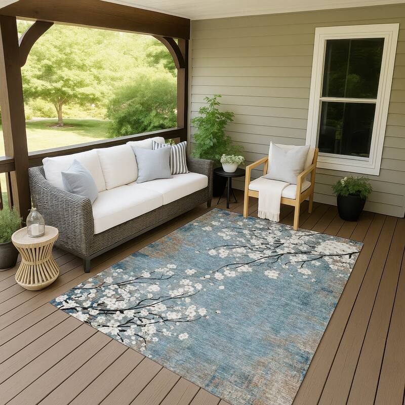 Machine Washable Indoor/ Outdoor Modern Floral Chantille Rug - Denim - 8' x 10'
