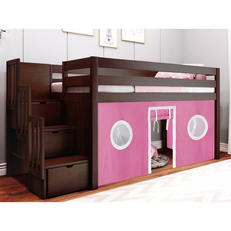 JACKPOT Contemporary Low Loft Twin Bed with 3 Step Stairway and Tent