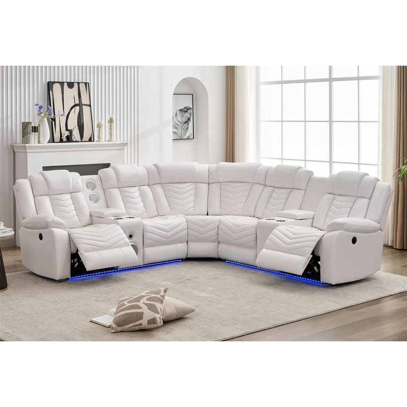Comfort Stretch Black Faux Leather Power Reclining Sectional Sofa w/Bass Speaker LED Light USB Port,Cup Holder,Storage Console - White - Symmetrical