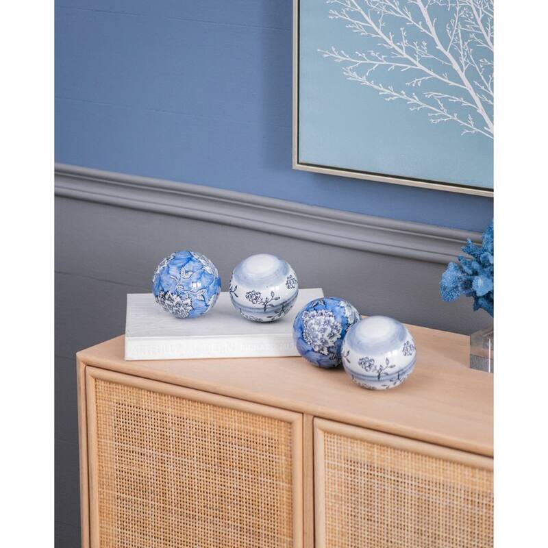 Floral Porcelain Orbs - 4" - Blue and White - Set of 4