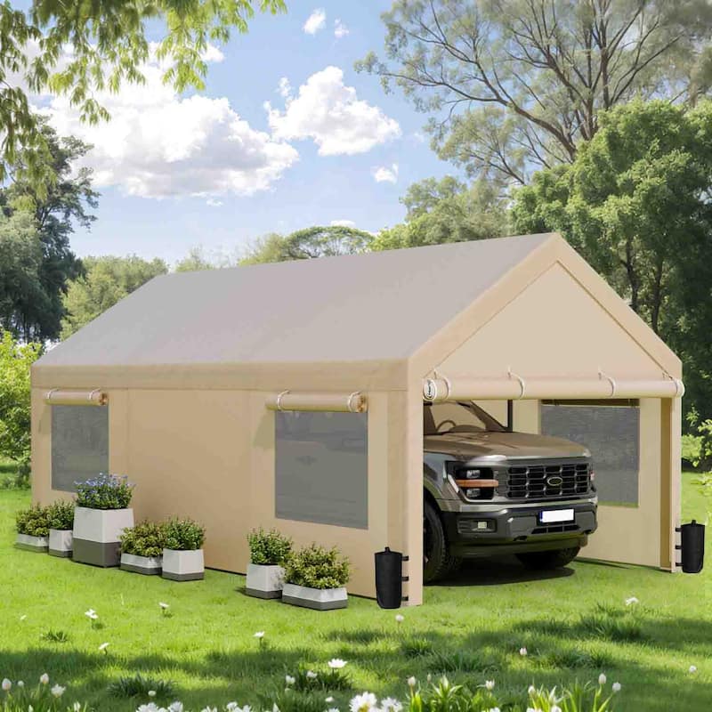 Futzca 12x20 ft Carport Canopy, Waterproof Outdoor Shelter with Sandbags - Khaki - 10*20FT