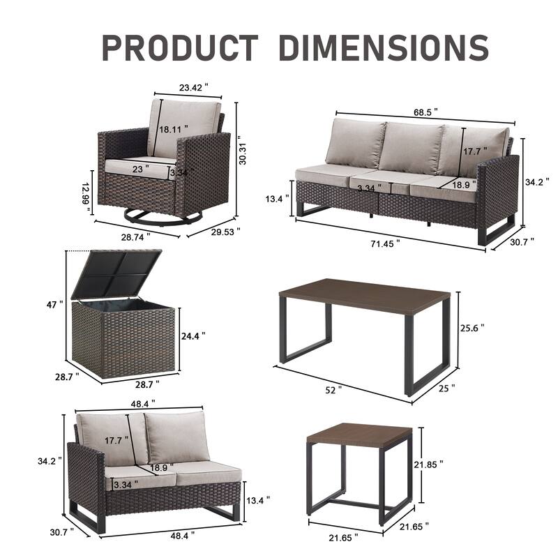 Gymojoy 9 Person Outdoor Courtyard Wicker Family Conversation Set Group With Swivel Chairs And Storage