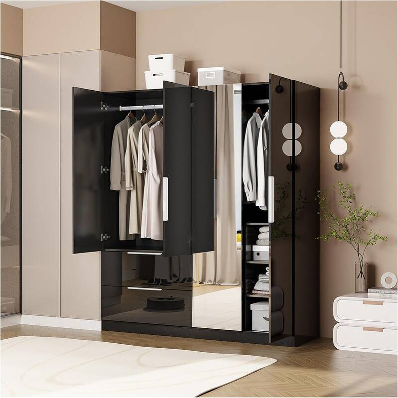 Armoire 4 Doors 2 Drawers with Full-length Mirror Door with High Gloss Paint - Black