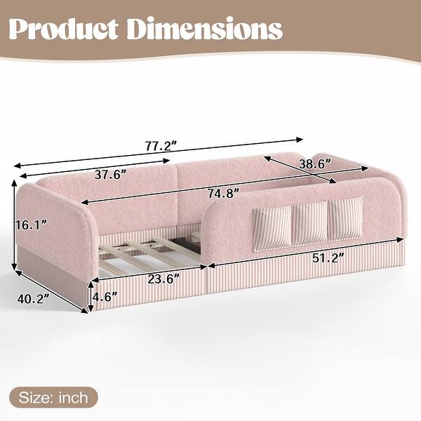dimension image slide 4 of 9, Twin/Full/Queen Teddy Fleece Floor Bed with Upholstered Safety Rails and Pocket