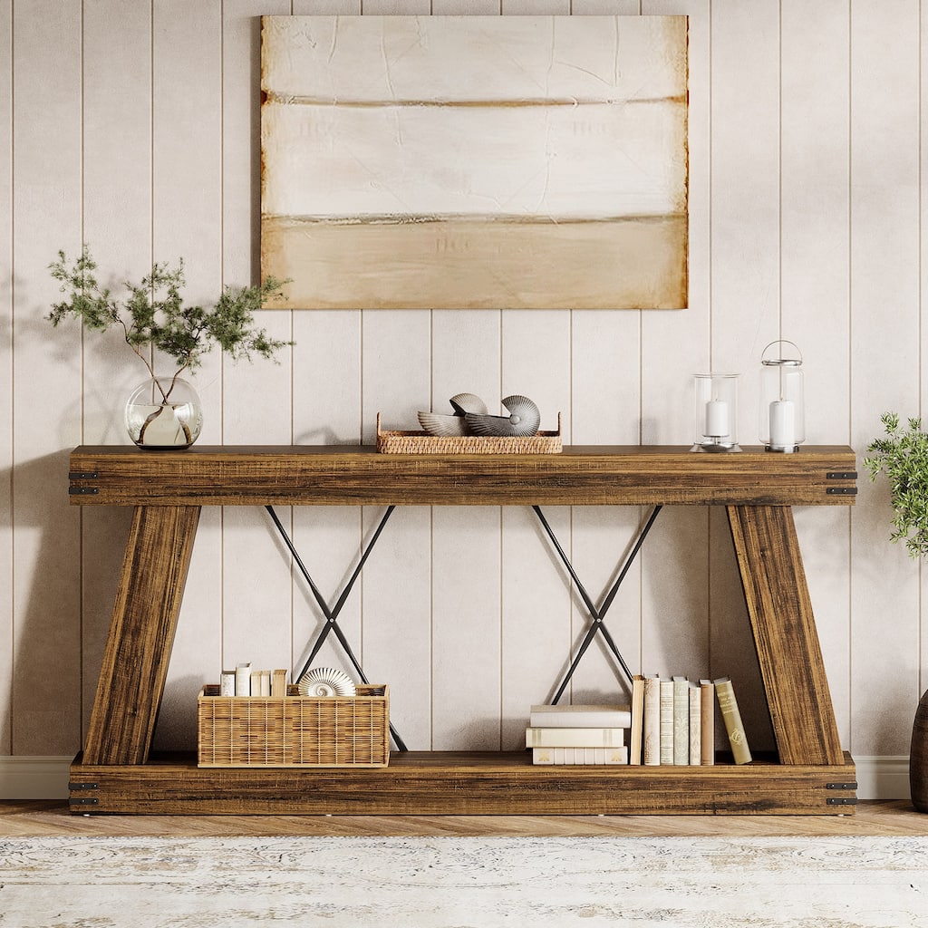 2-Tier Farmhouse Console Table, 70.9” Brown Entryway Table for Living Room - Large