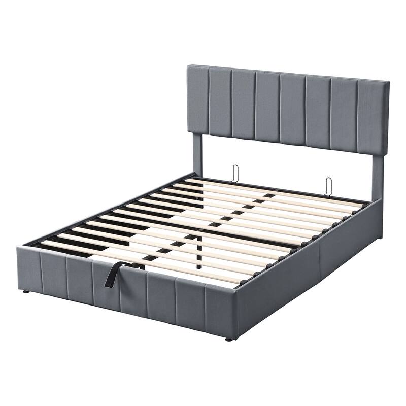 Full / Queen Sturdy Platform Bed with Hydraulic Lift Storage and Linen Headboard