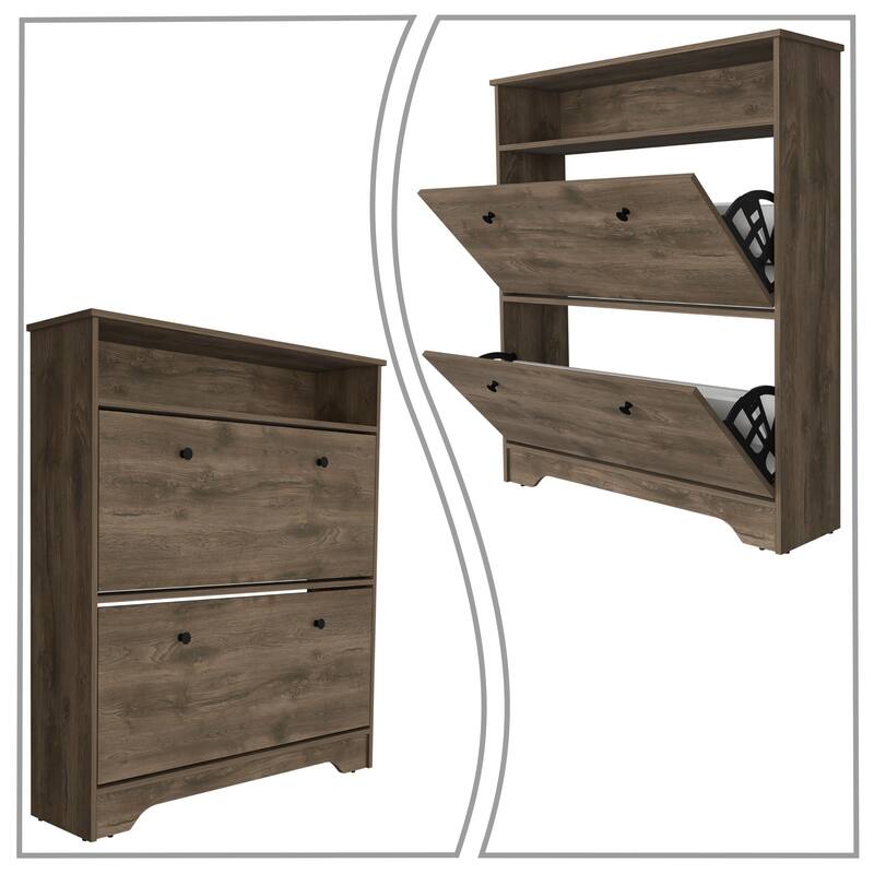 Wooden Shoe Storage Cabinet with 2 Flip Drawers and a Top Shelf