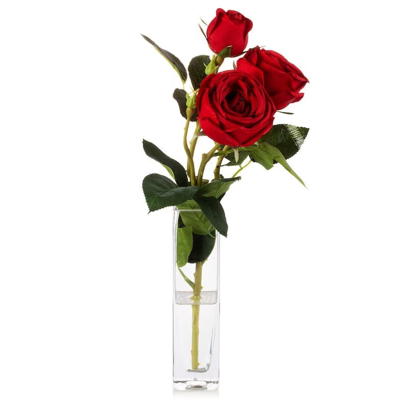 Enova Home Artificial Silk Rose Flower in Clear Glass Vase Faux Rose Flower with Vase For Home Office Decoration - N/A - Red
