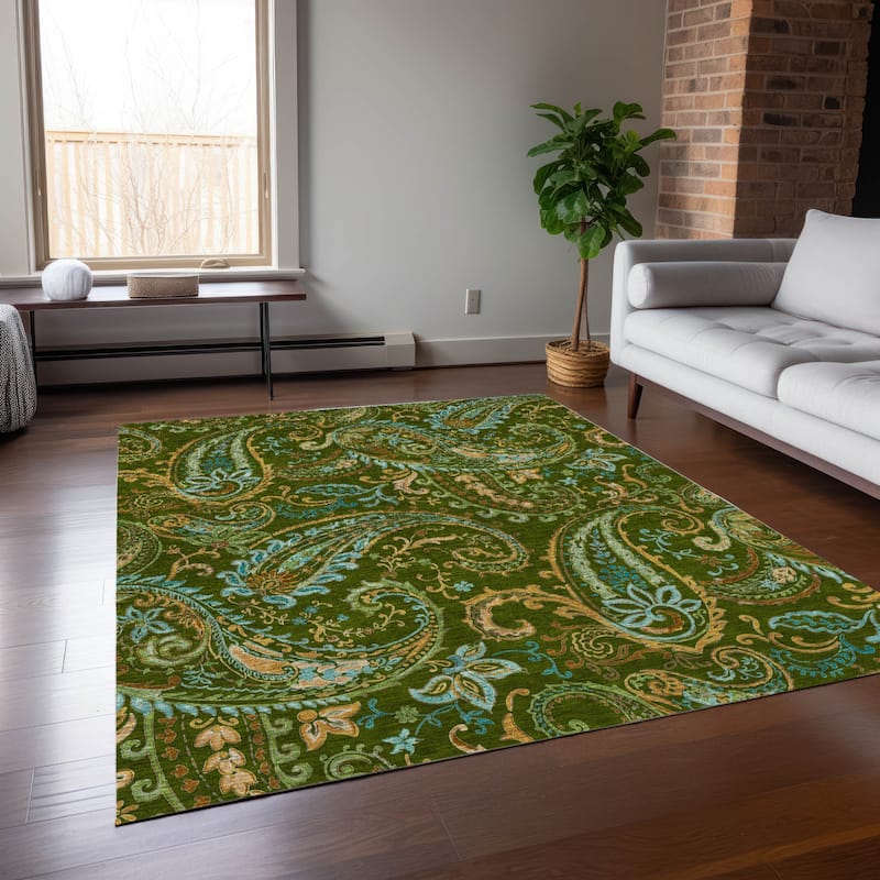 Machine Washable Indoor/ Outdoor Paisley Chantille Rug - Green - 9' x 12'
