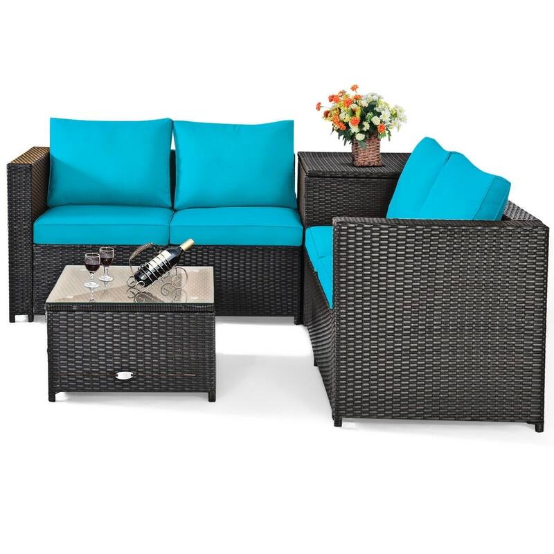 4 Pcs Outdoor Patio Rattan Furniture Set with Cushioned Loveseat and Storage Box